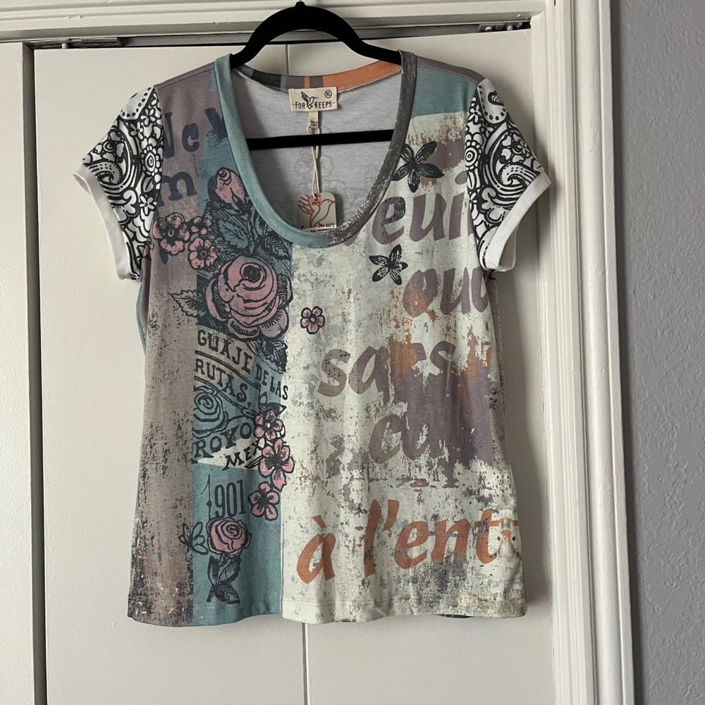 For‎ Keeps Graphic Tee Floral Print Short Sleeve Top Multicolor XL